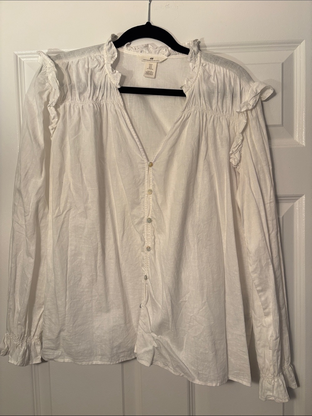 H&M White Ruffle-Trim Button Front Blouse